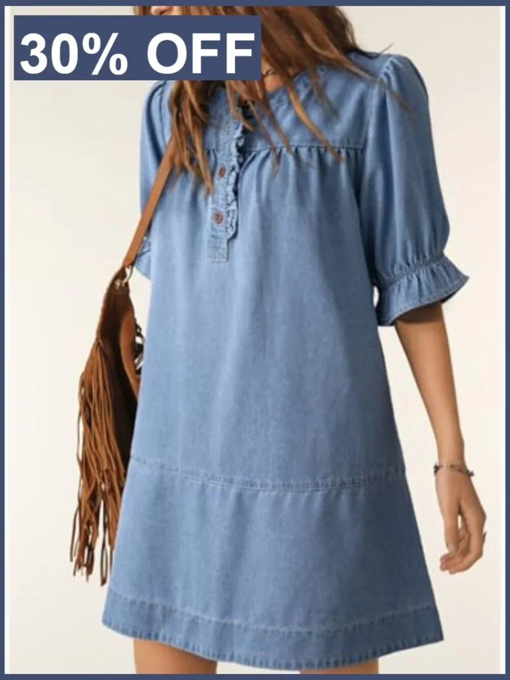 Denim Babydoll Dress with Short Sleeves and Button Front - Picture 6 of 7